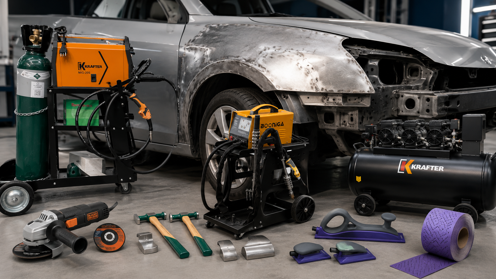 Desabolladura automotriz con herramientas de trabajo de metal, soldadura, spotter, compresor, abrasivos y reparación de carrocería